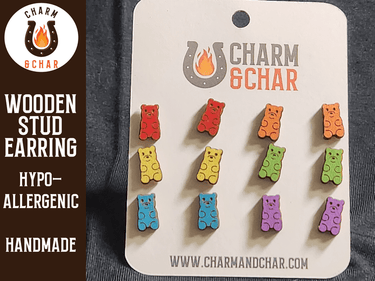 Gummy Bear Wood Stud Earrings - Candy Fashion Earring Set - Stud Earring - Charm and Char